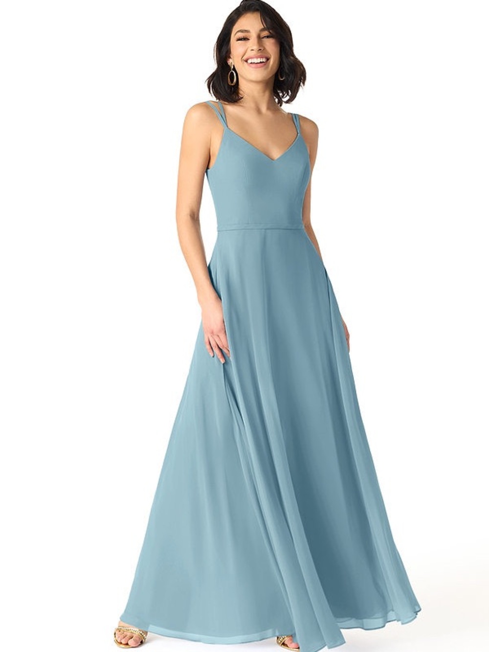 Azazie Janine A-Line V-Neck Chiffon Dress in Moody Blue Color Size UK 12 / US 8
